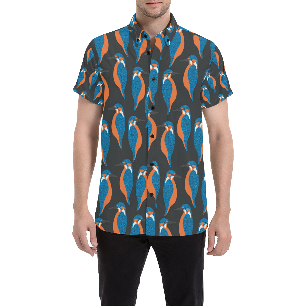 Kingfisher Pattern Print Design 03 Men's Short Sleeve Button Up Shirt