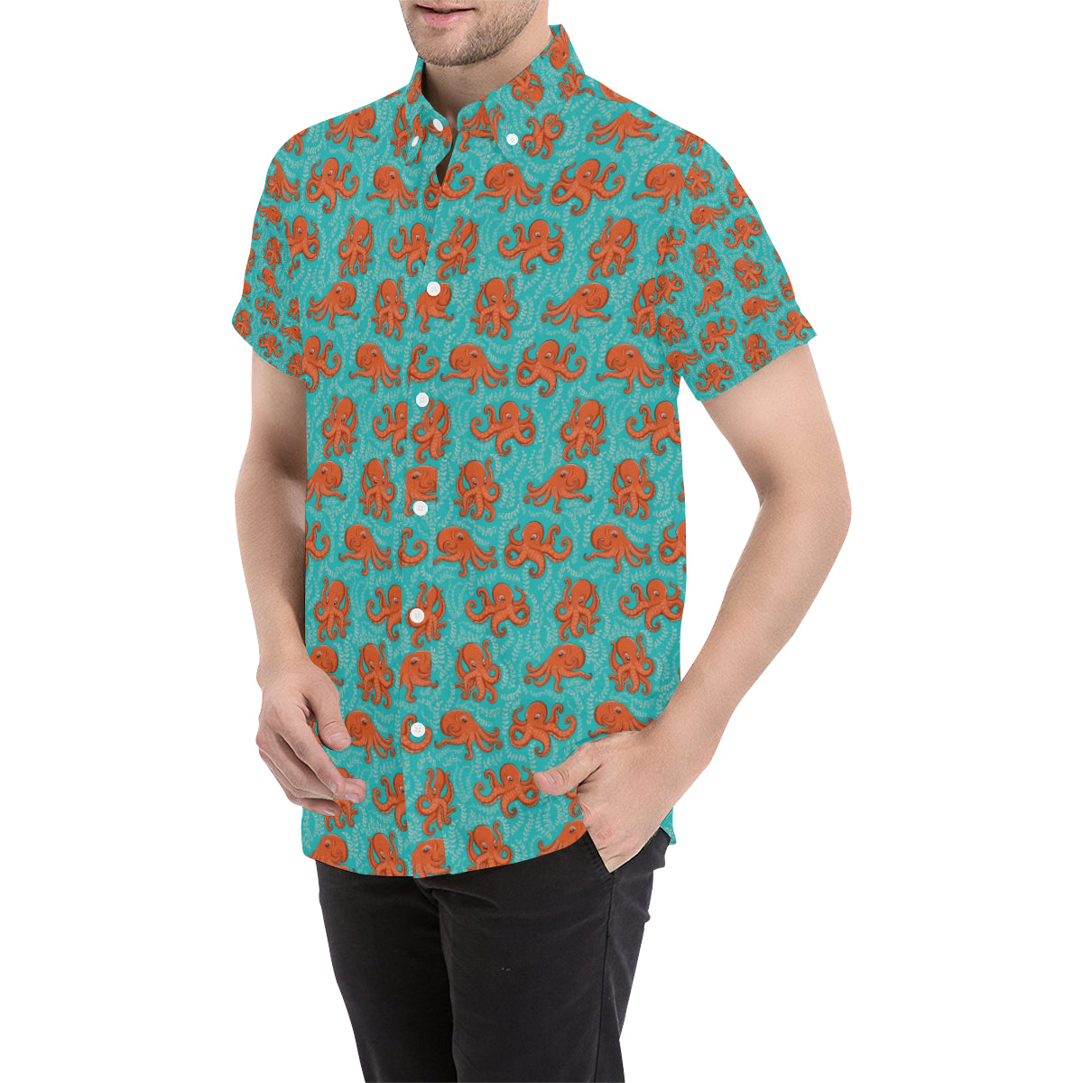 Octopus Cartoon Design Print Themed Men's Short Sleeve Button Up Shirt