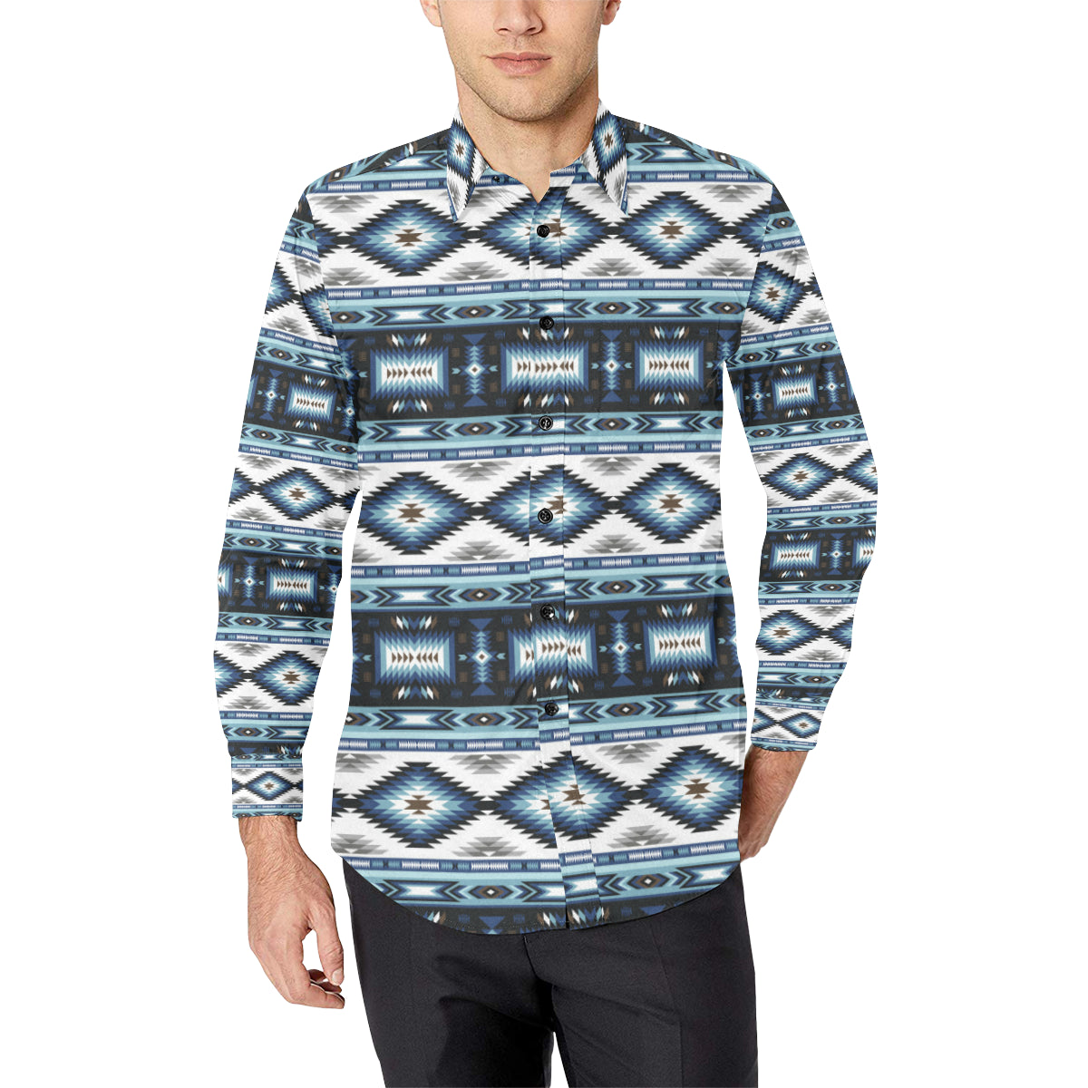 Navajo Dark Blue Print Pattern Men's Long Sleeve Shirt