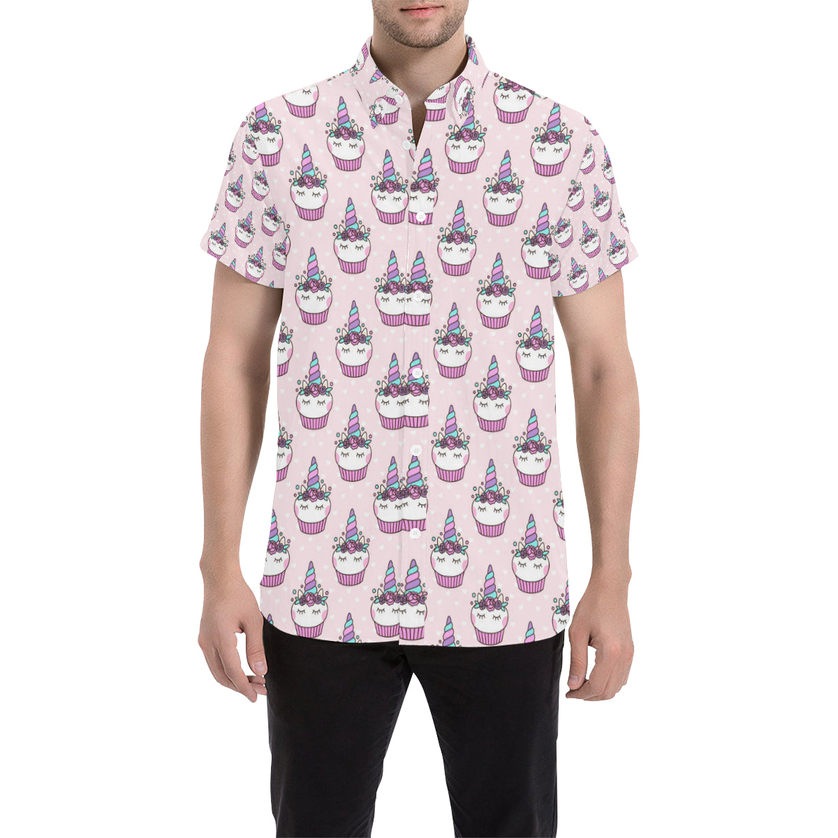 Cupcakes Unicorn Print Pattern Men's Short Sleeve Button Up Shirt