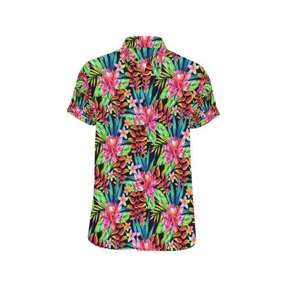 Heliconia Pattern Print Design HL02 Men's Short Sleeve Button Up Shirt