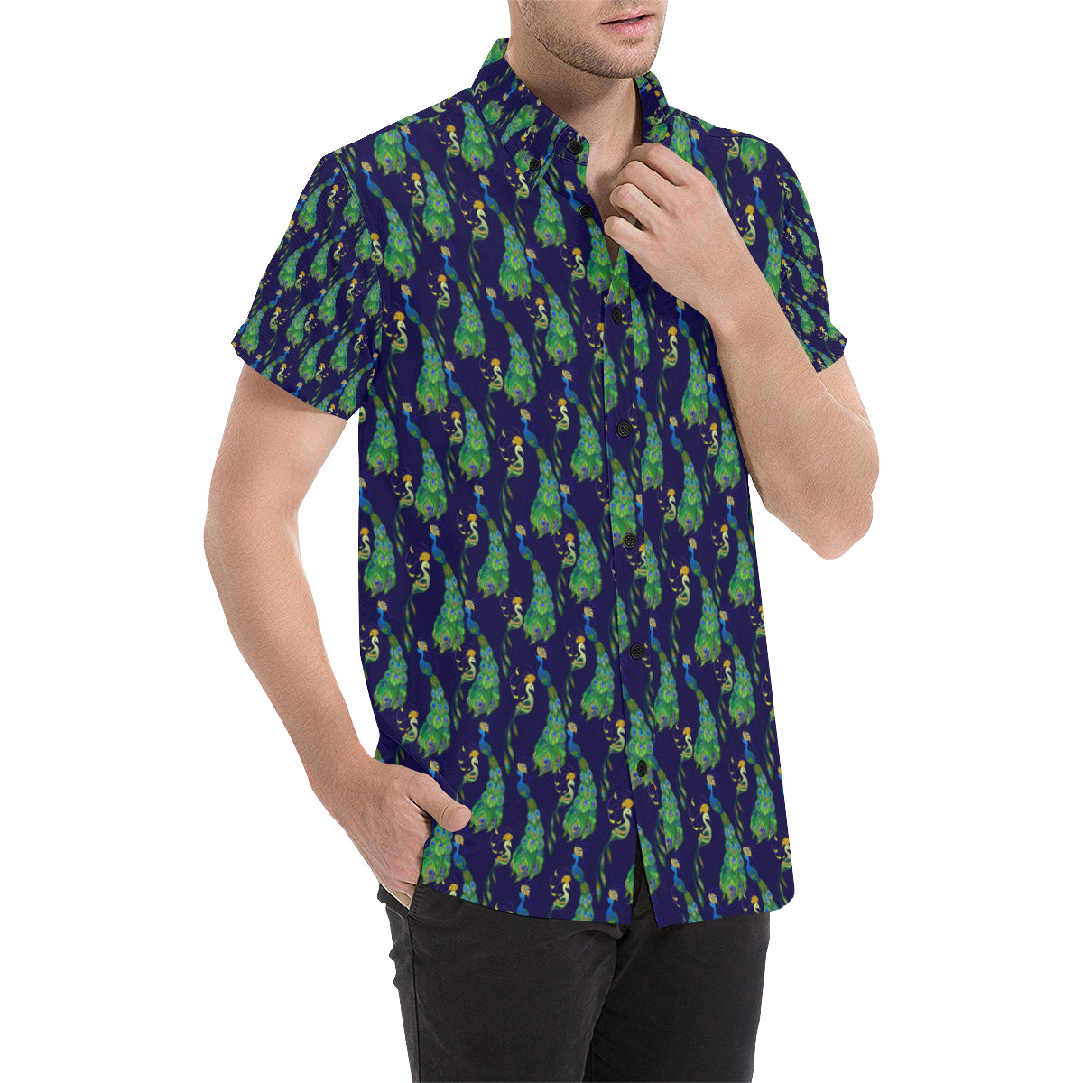 Peacock Art Design Print Men's Short Sleeve Button Up Shirt