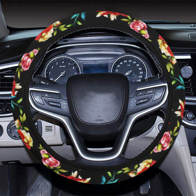 Skull Roses Flower Design Themed Print Steering Wheel Cover with Elastic Edge