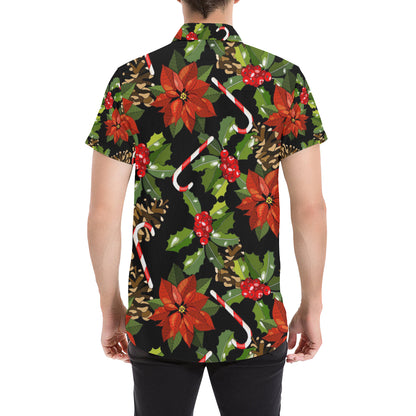 Poinsettia Pattern Print Design POT01 Men's Short Sleeve Button Up Shirt