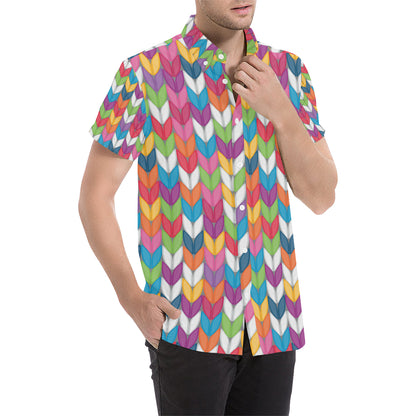 Knit Pattern Print Design 01 Men's Short Sleeve Button Up Shirt