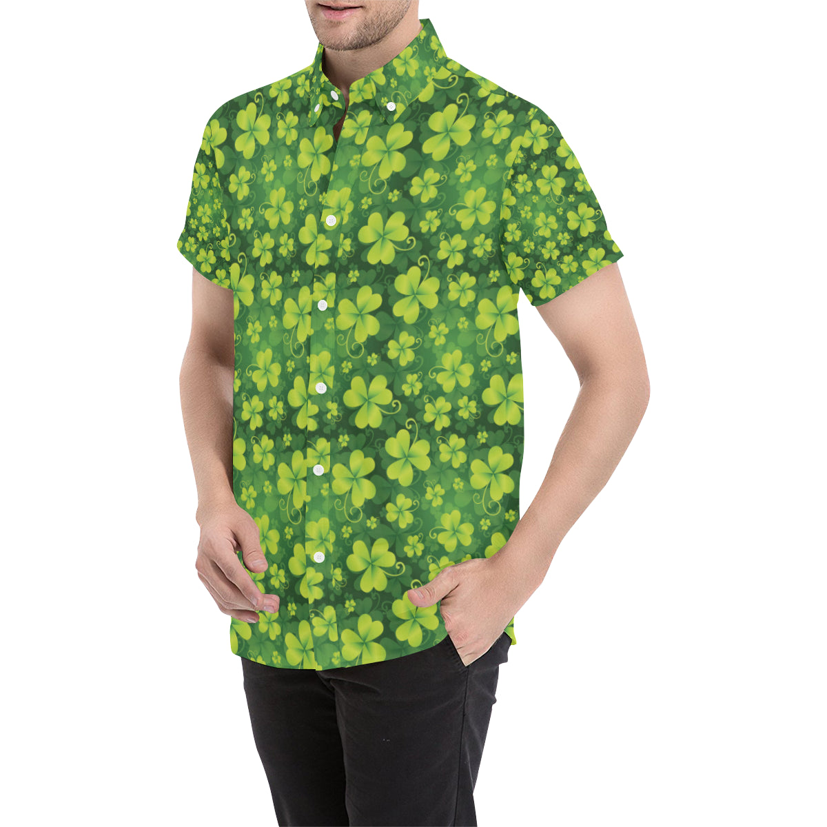 Shamrock Clover Print Men's Short Sleeve Button Up Shirt