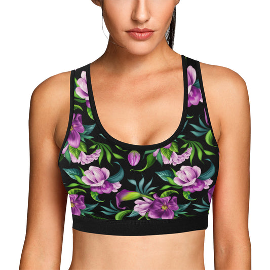 Bright Purple Floral Pattern Sports Bra