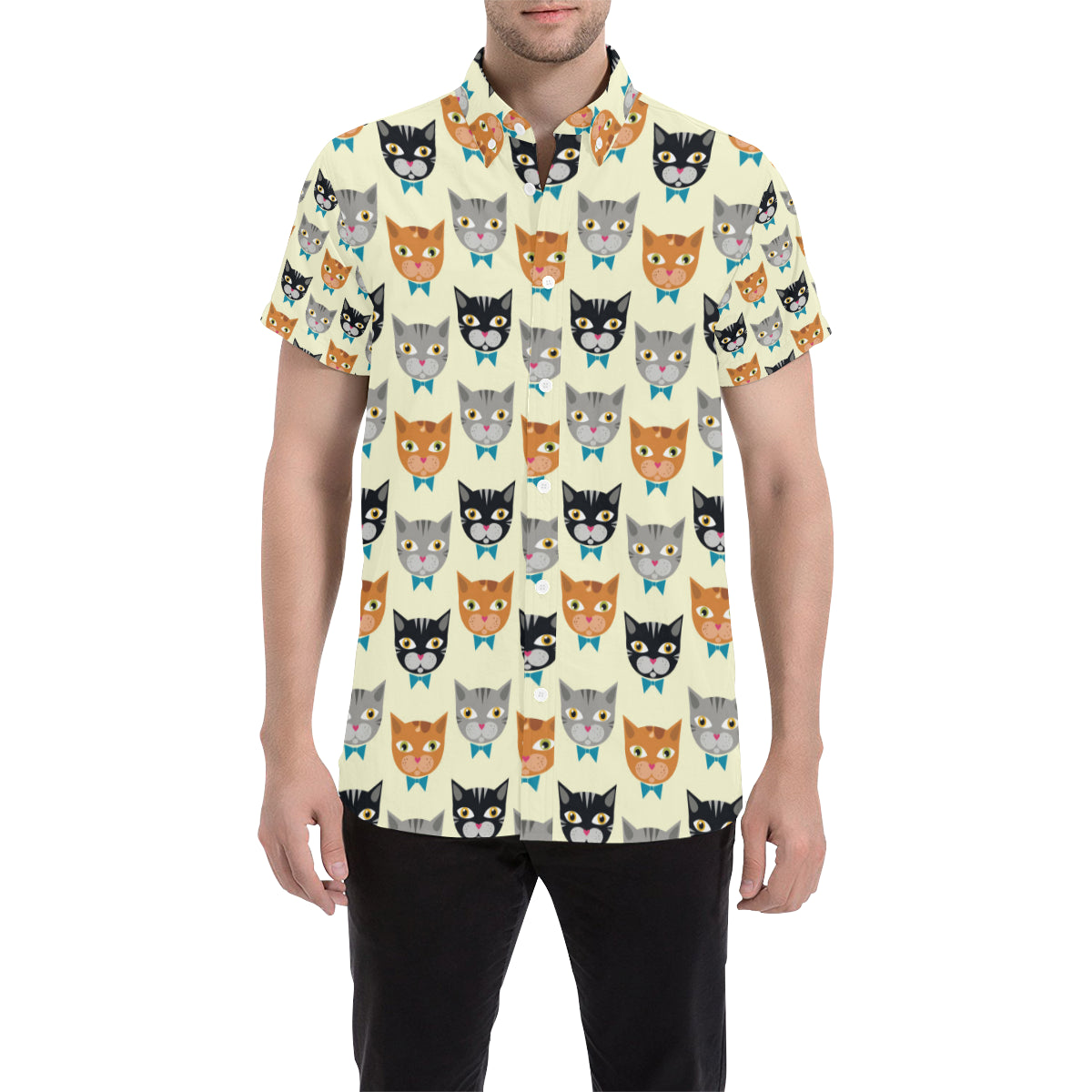 Cat Pattern Print Design 05 Men's Short Sleeve Button Up Shirt