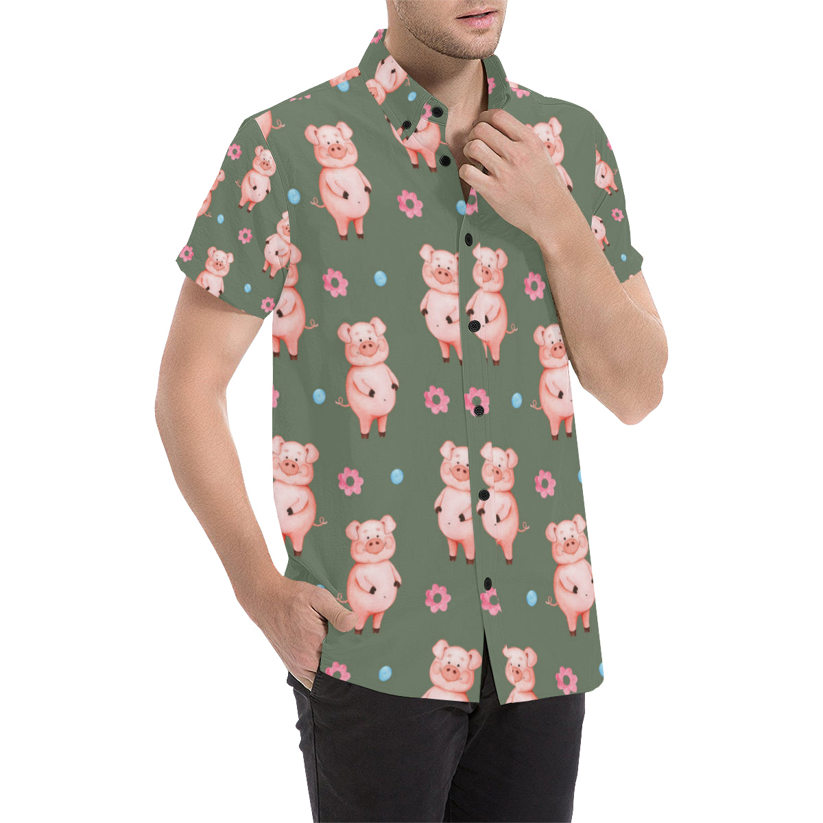 Pig Pattern Print Design 03 Men's Short Sleeve Button Up Shirt