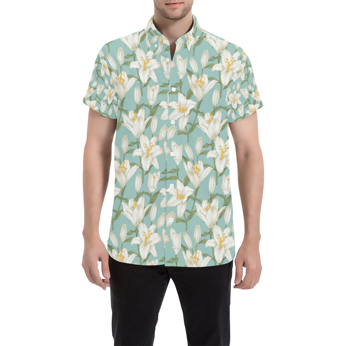 Lily Pattern Print Design LY09 Men's Short Sleeve Button Up Shirt