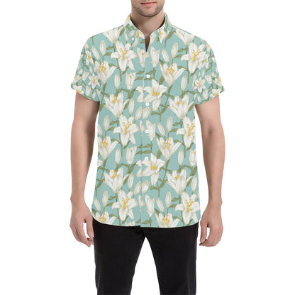 Lily Pattern Print Design LY09 Men's Short Sleeve Button Up Shirt