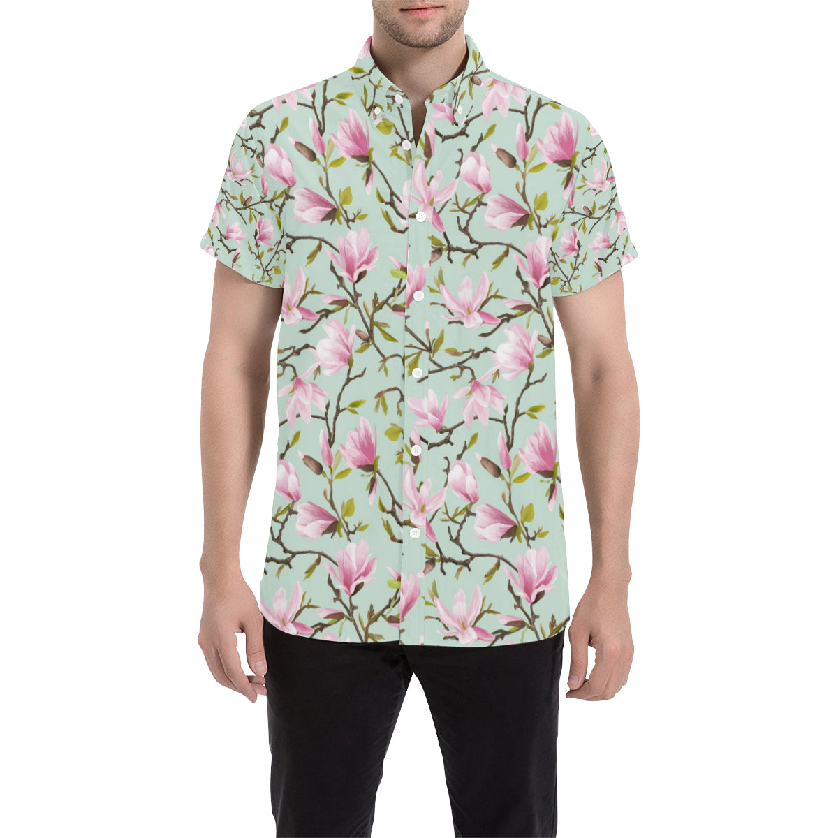 Magnolia Pattern Print Design MAG04 Men's Short Sleeve Button Up Shirt