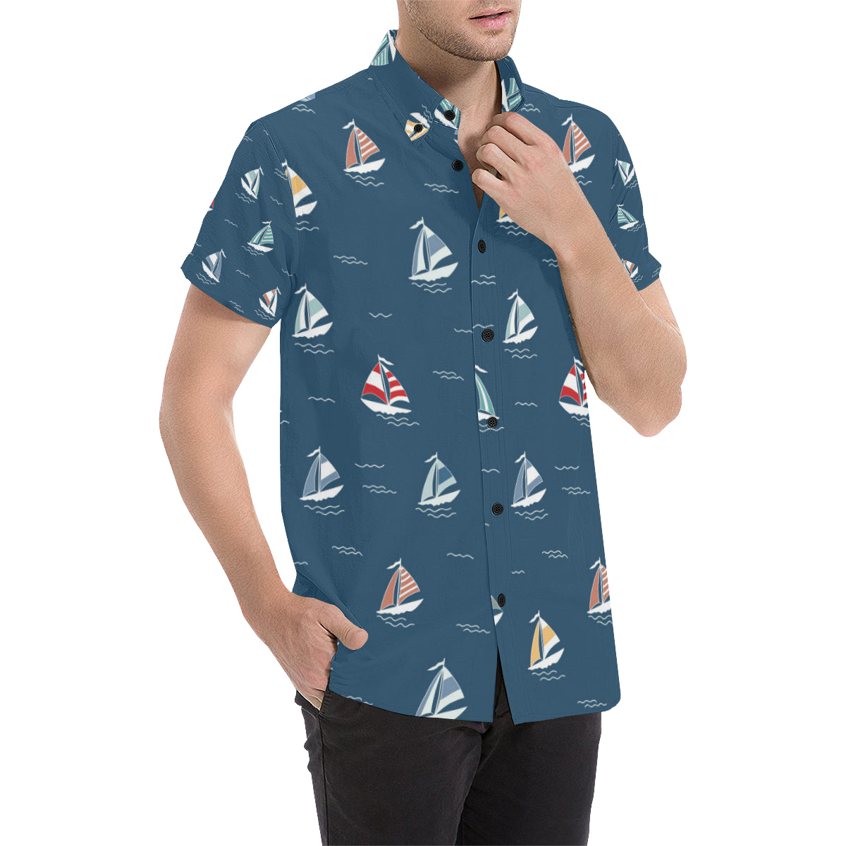 Sailing Ships Pattern Print Design A02 Men's Short Sleeve Button Up Shirt
