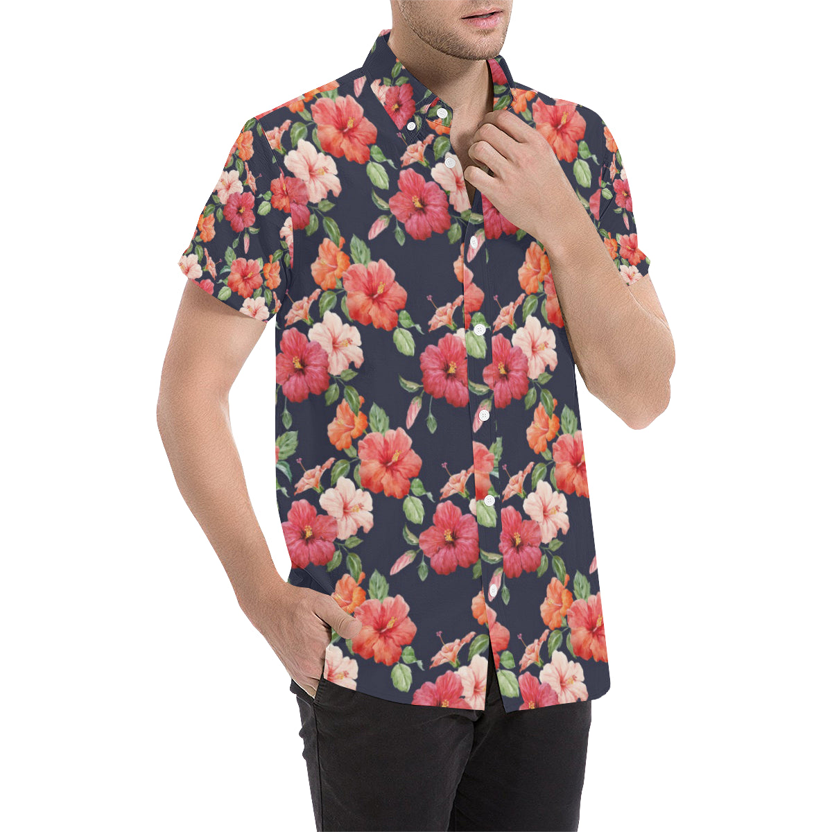Tropical Flower Pattern Print Design TF020 Men's Short Sleeve Button Up Shirt