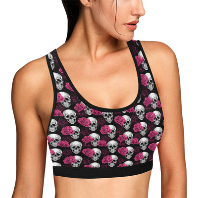 Pink Rose Skull Themed Print Sports Bra