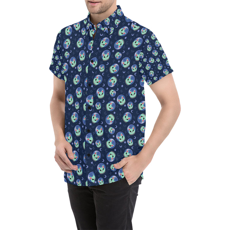 Alien Cat Men's Short Sleeve Button Up Shirt