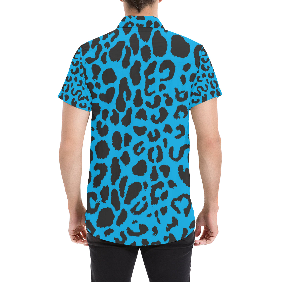 Cheetah Blue Print Pattern Men's Short Sleeve Button Up Shirt