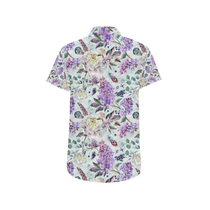 Lilac Pattern Print Design LI06 Men's Short Sleeve Button Up Shirt