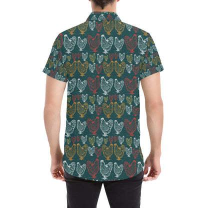 Rooster Hand Draw Design Men's Short Sleeve Button Up Shirt