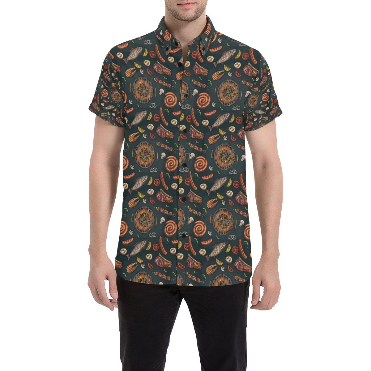 Barbecue Pattern Print Design 02 Men's Short Sleeve Button Up Shirt