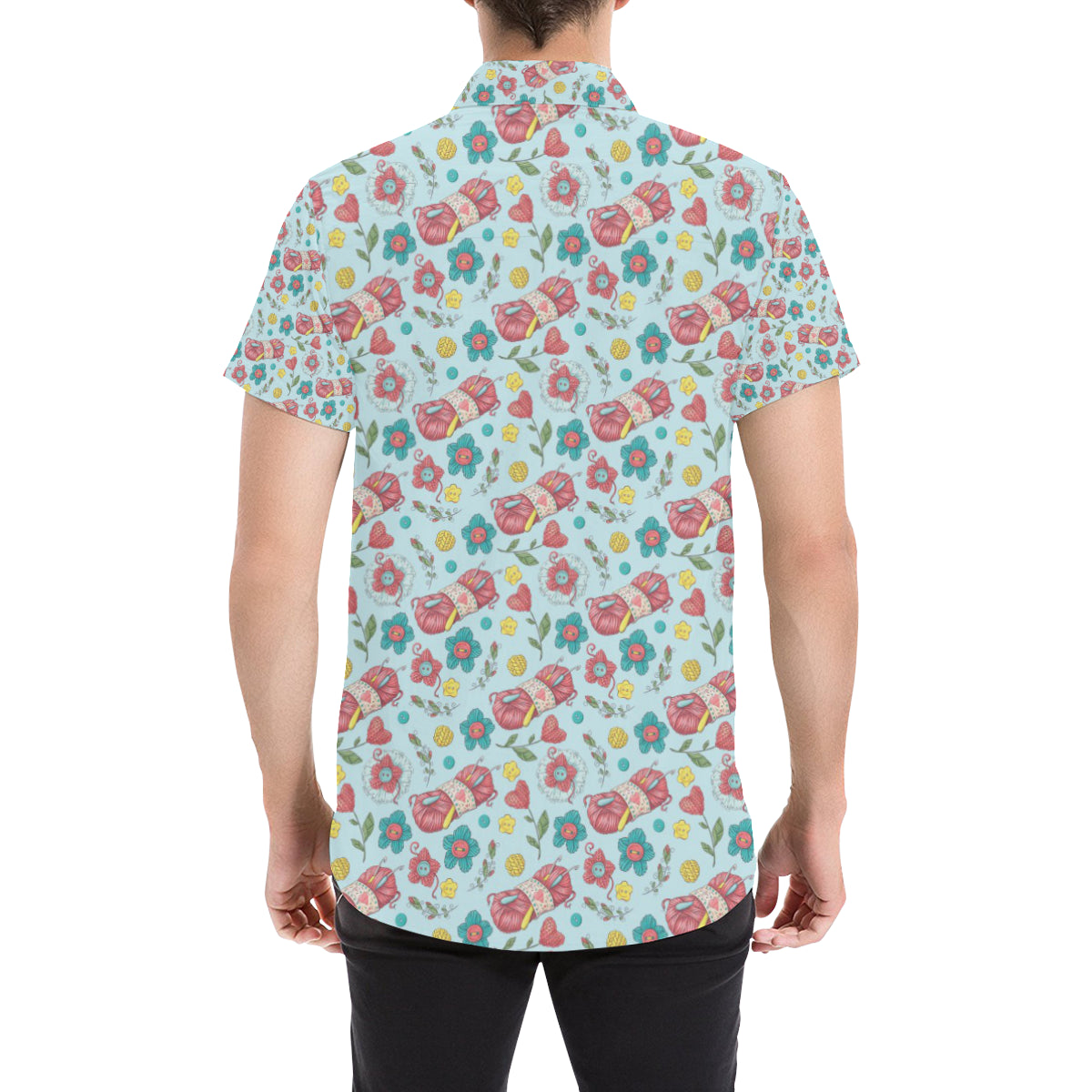 Crochet Pattern Print Design 01 Men's Short Sleeve Button Up Shirt