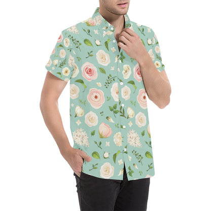 Lisianthus Pattern Print Design 01 Men's Short Sleeve Button Up Shirt