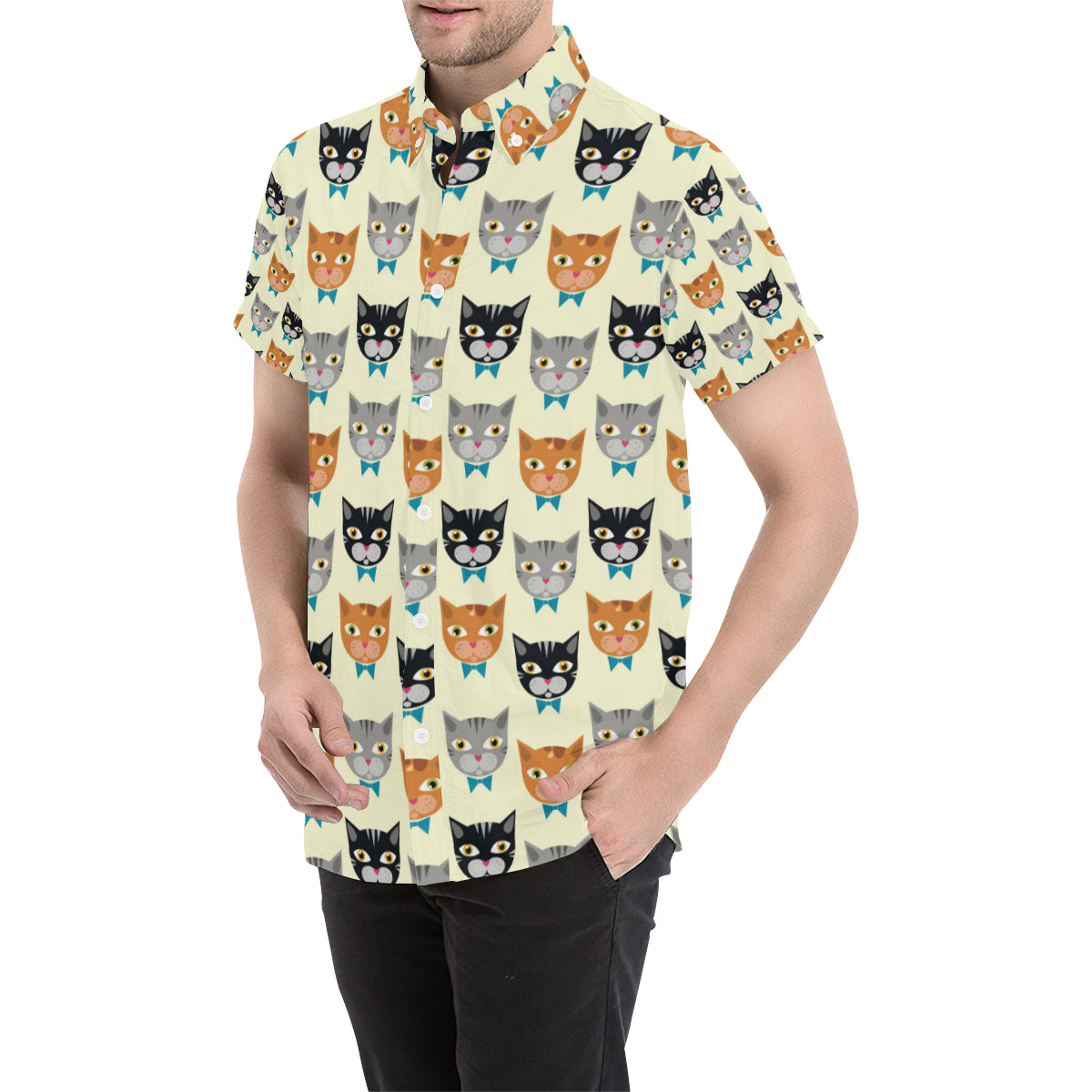 Cat Pattern Print Design 05 Men's Short Sleeve Button Up Shirt