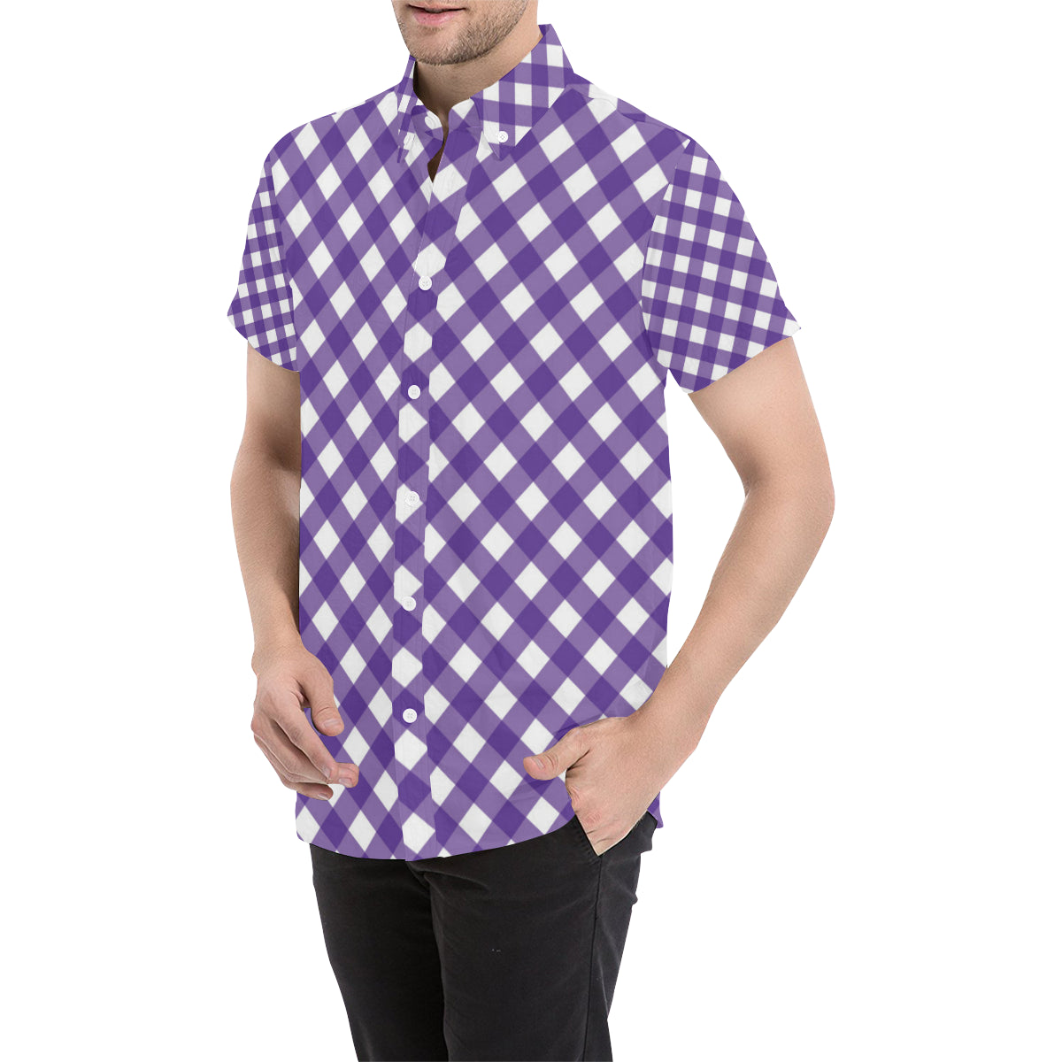 Gingham Purple Pattern Print Design 03 Men's Short Sleeve Button Up Shirt