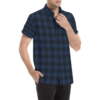 Navy Blue Tartan Plaid Pattern Men's Short Sleeve Button Up Shirt