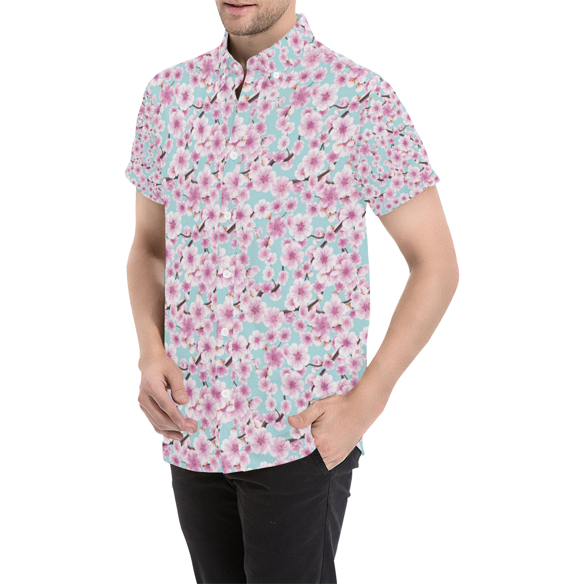 Cherry Blossom Pattern Print Design 01 Men's Short Sleeve Button Up Shirt