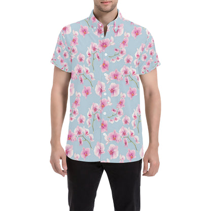 Orchid Pink Pattern Print Design OR01 Men's Short Sleeve Button Up Shirt