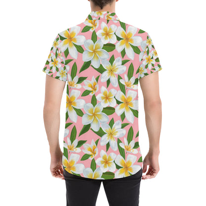 White Plumeria Pattern Print Design PM011 Men's Short Sleeve Button Up Shirt