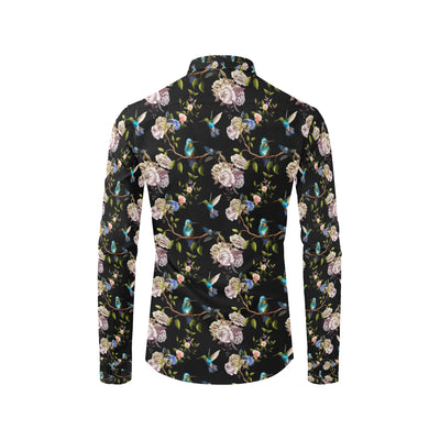 Hummingbird Flower Themed Print Men's Long Sleeve Shirt