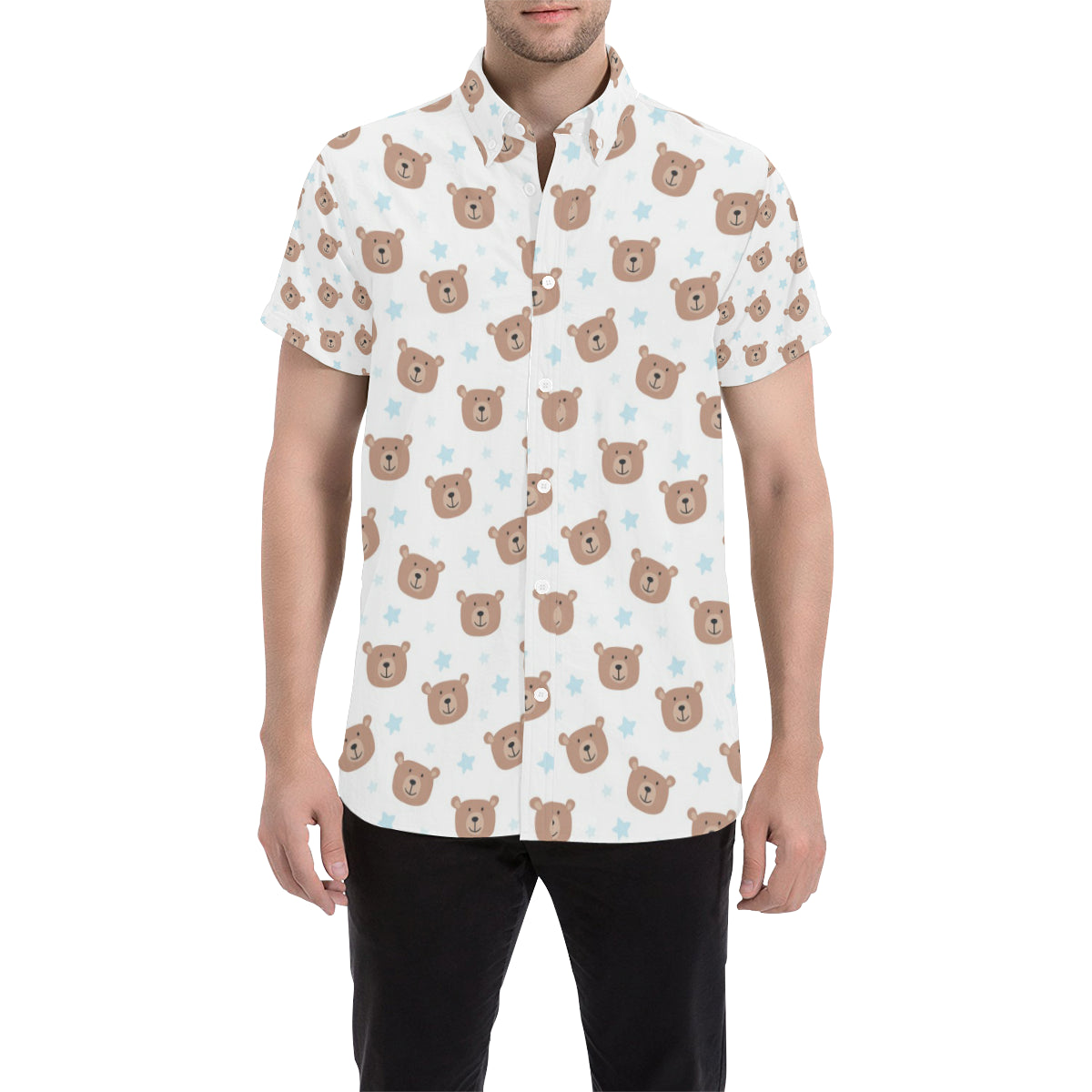 Bear Pattern Print Design BE02 Men's Short Sleeve Button Up Shirt