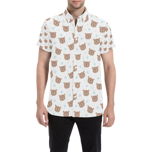 Bear Pattern Print Design BE02 Men's Short Sleeve Button Up Shirt