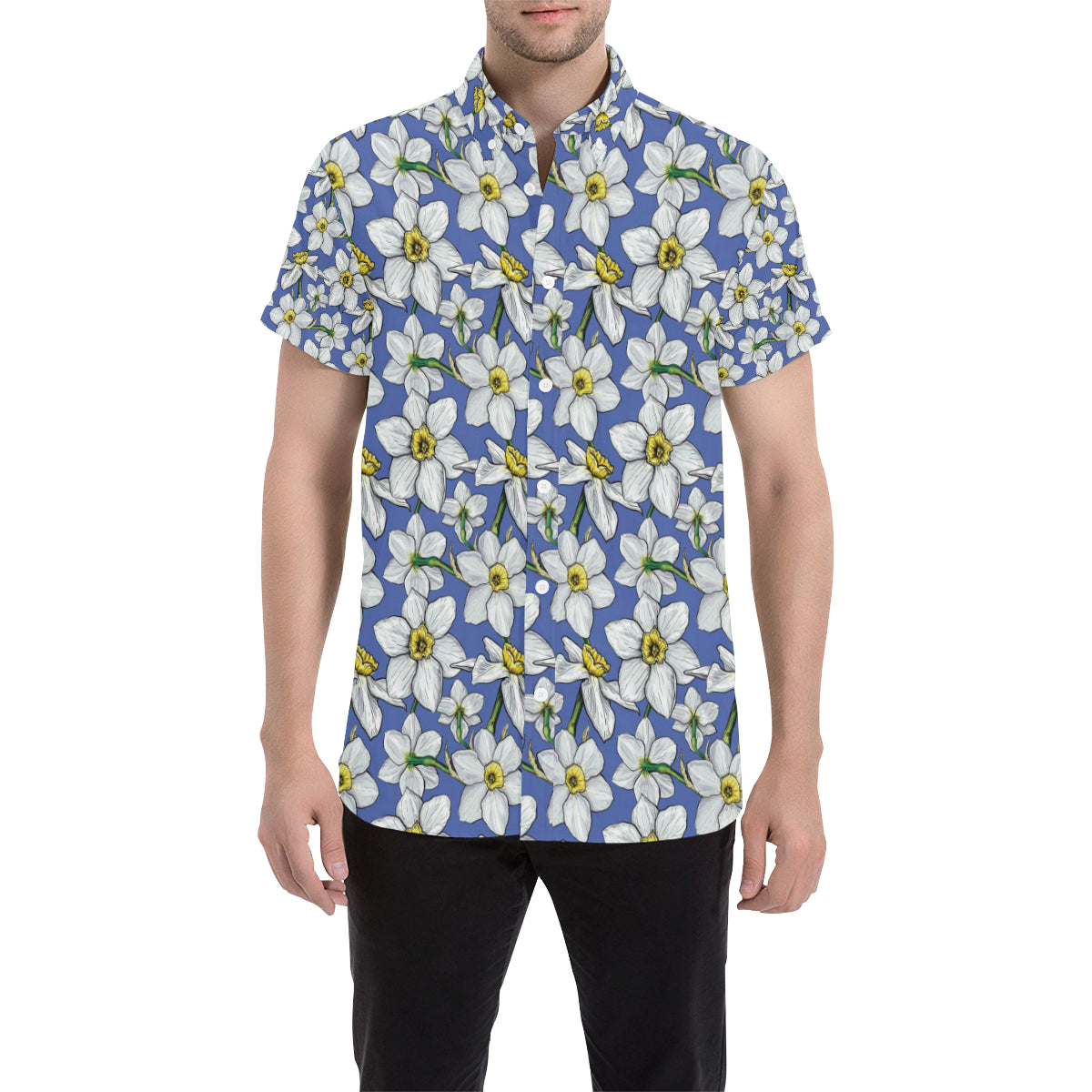 Daffodils Pattern Print Design DF08 Men's Short Sleeve Button Up Shirt