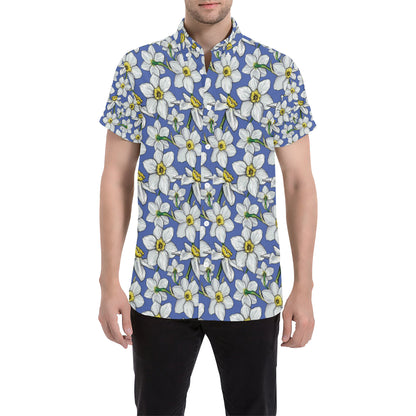 Daffodils Pattern Print Design DF08 Men's Short Sleeve Button Up Shirt