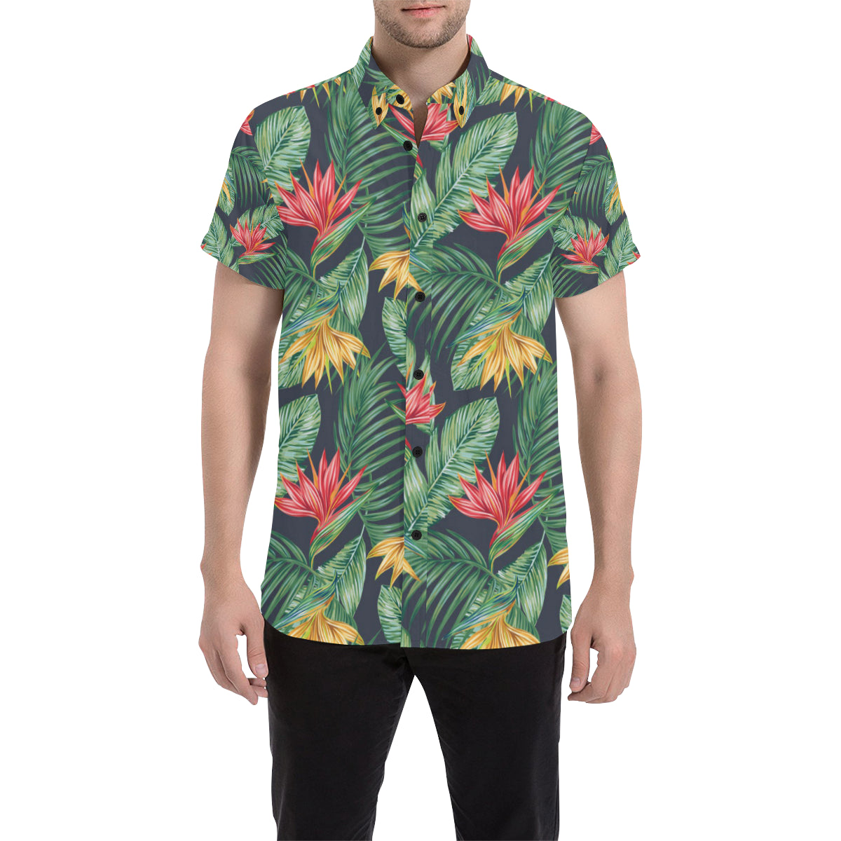 Bird Of Paradise Pattern Print Design BOP09 Men's Short Sleeve Button Up Shirt