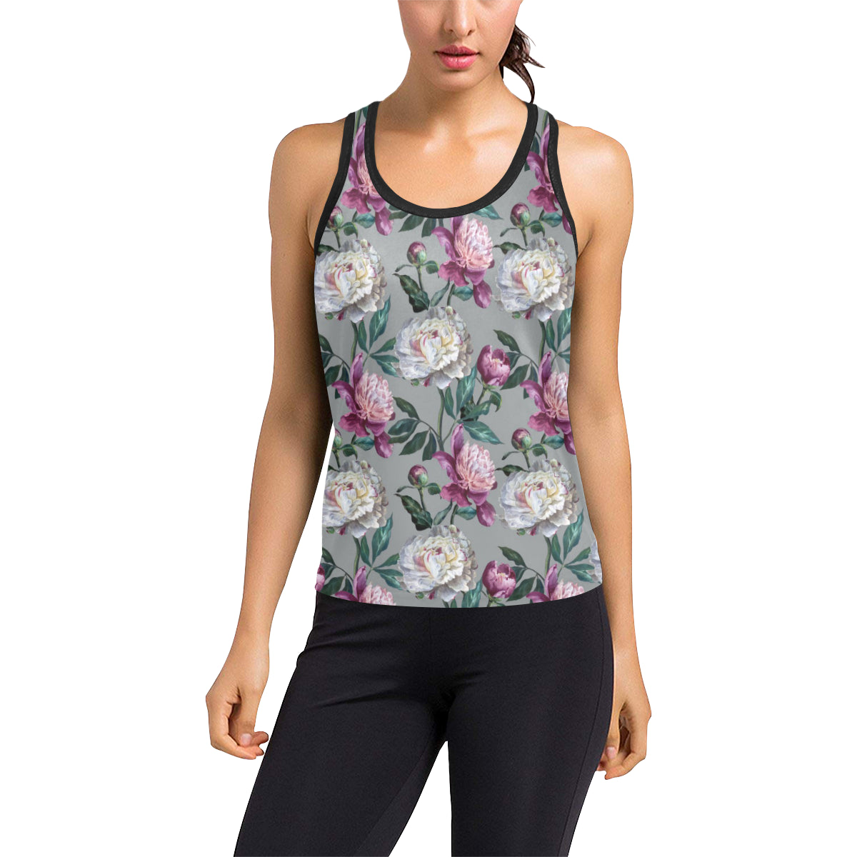Peony Pattern Print Design PE01 Women's Racerback Tank Top