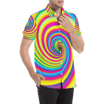 Vortex Twist Swirl Rainbow Design Men's Short Sleeve Button Up Shirt