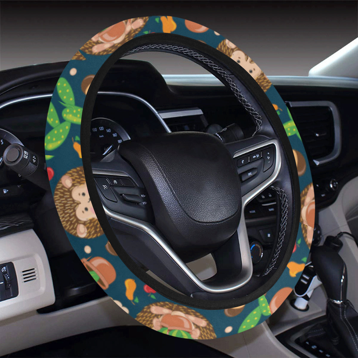 Hedgehog Cactus Pattern Print Design 04 Steering Wheel Cover with Elastic Edge