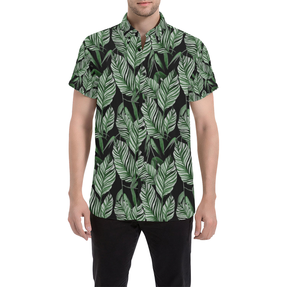 Palm Leaves Pattern Print Design PL09 Men's Short Sleeve Button Up Shirt