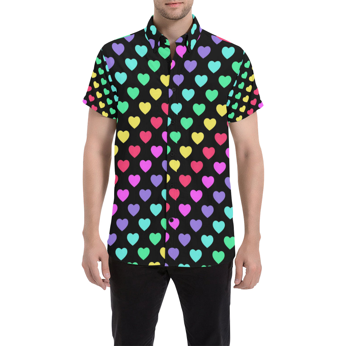 Heart Rainbow Pattern Print Design HE02 Men's Short Sleeve Button Up Shirt