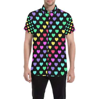 Heart Rainbow Pattern Print Design HE02 Men's Short Sleeve Button Up Shirt