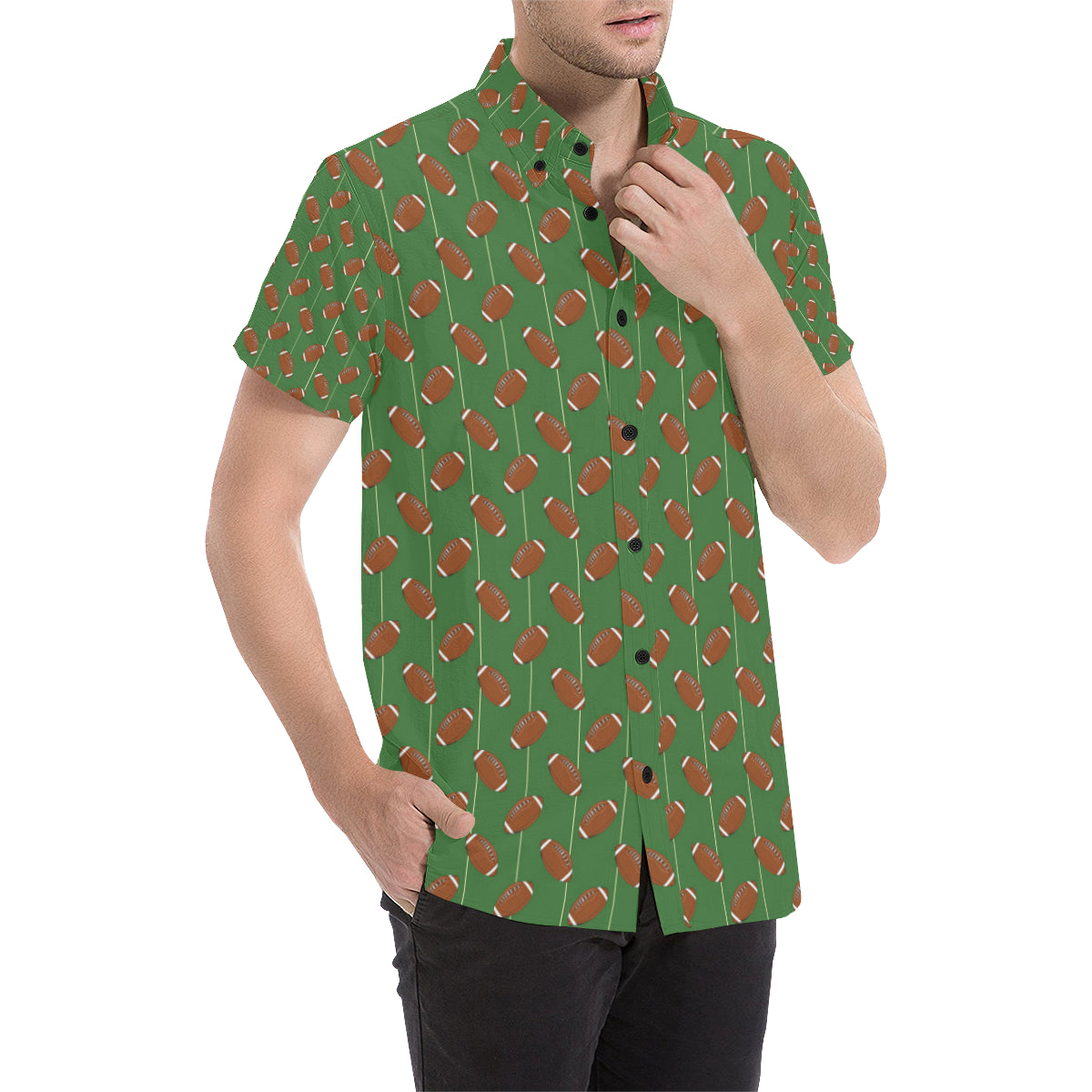 American Football on Field Themed Men's Short Sleeve Button Up Shirt
