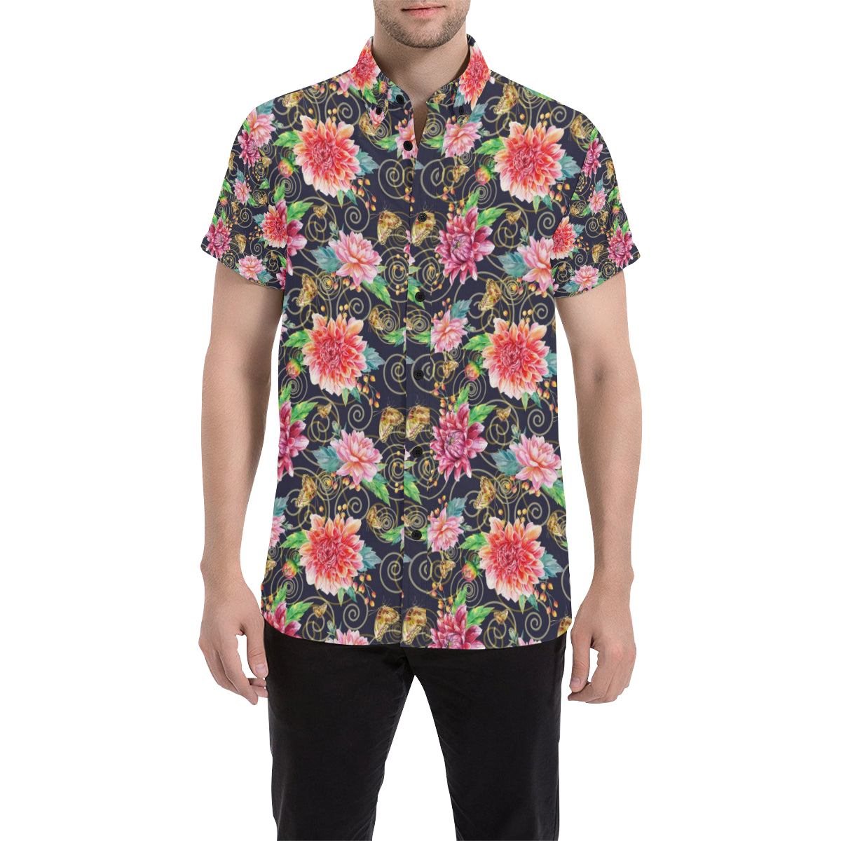 Dahlia Pattern Print Design DH02 Men's Short Sleeve Button Up Shirt