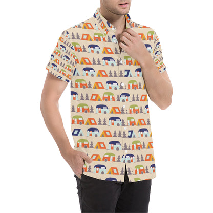 Camper Tent Pattern Print Design 03 Men's Short Sleeve Button Up Shirt