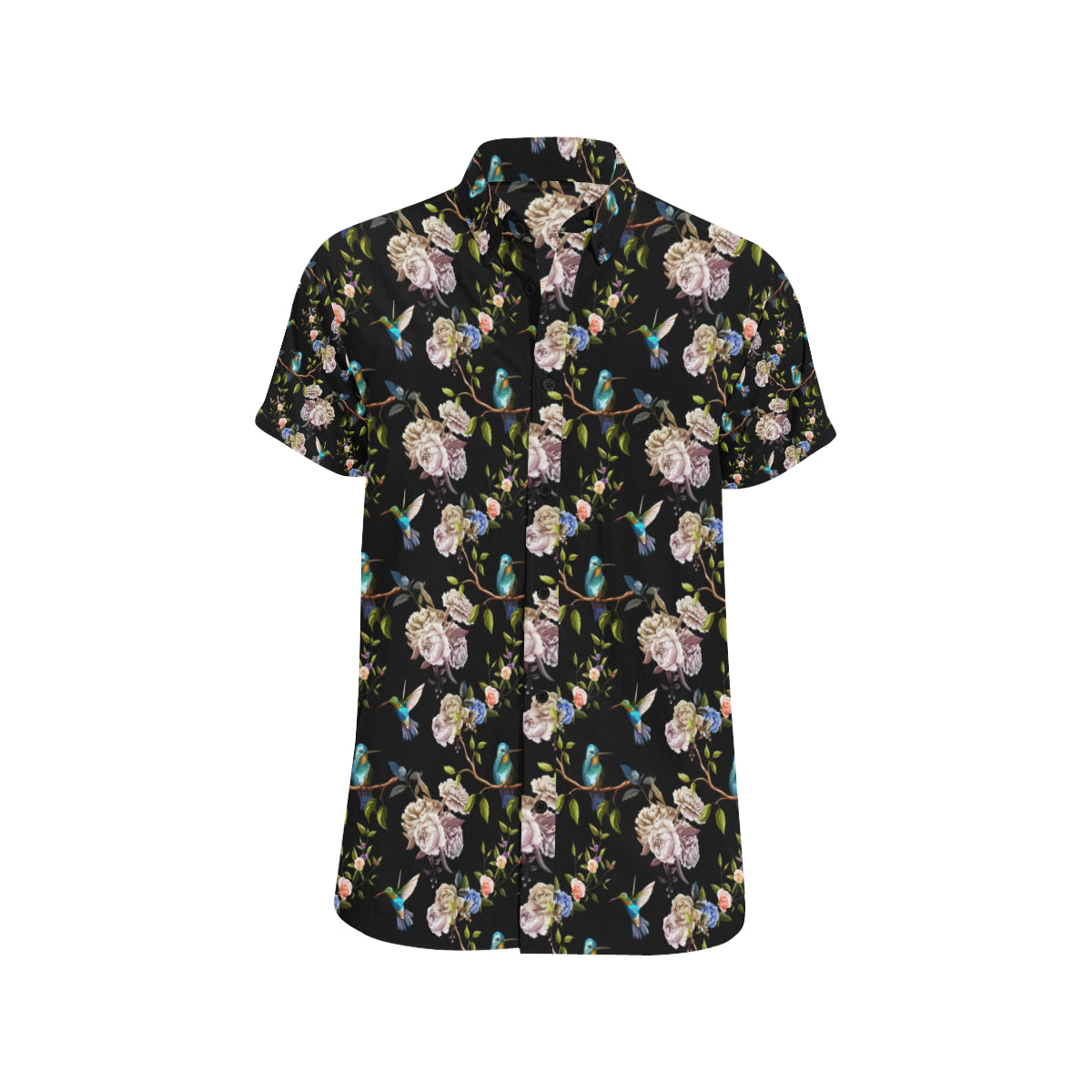 Hummingbird Flower Themed Print Men's Short Sleeve Button Up Shirt