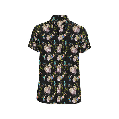 Hummingbird Flower Themed Print Men's Short Sleeve Button Up Shirt