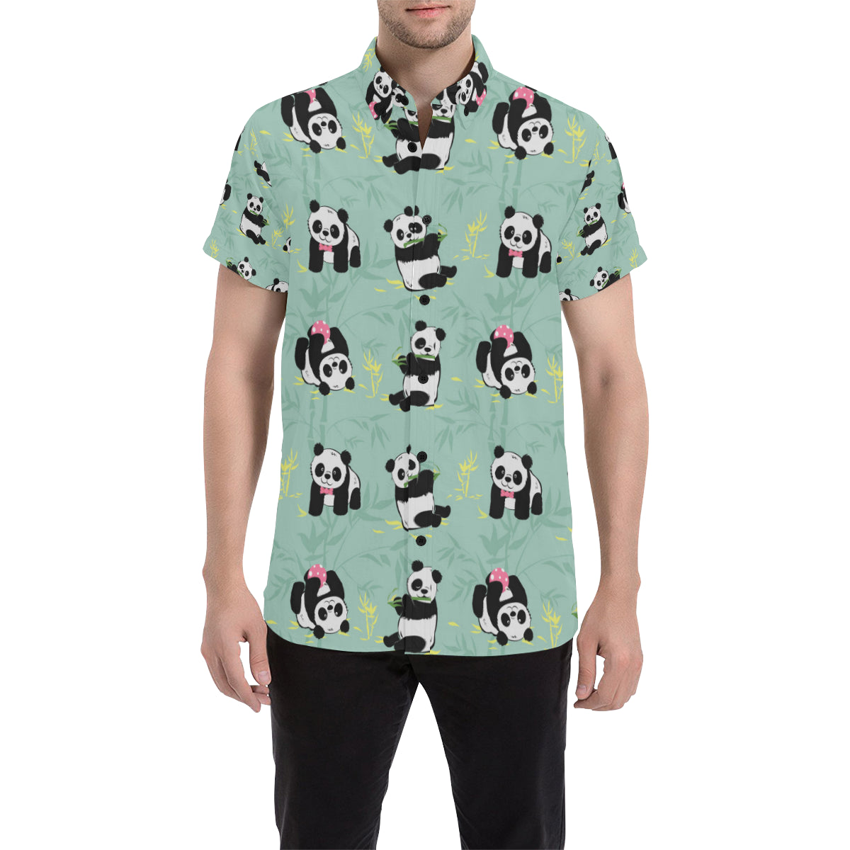 Panda Pattern Print Design A05 Men's Short Sleeve Button Up Shirt